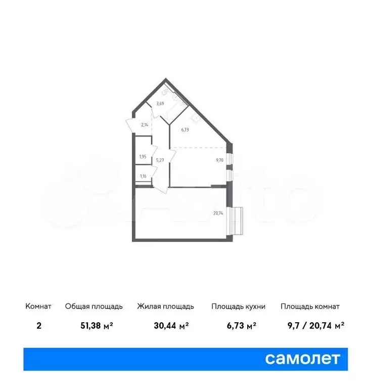 1-к. квартира, 51,4м, 7/7эт. - Фото 0