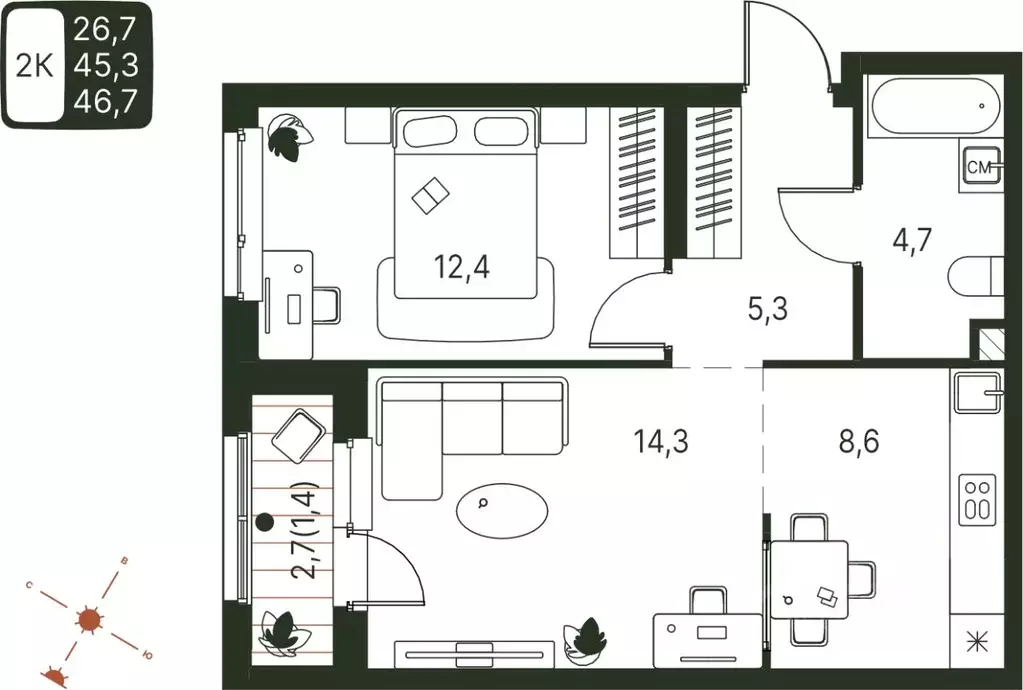 Студия Пермский край, Пермь ул. Серебристая, 1 (46.7 м) - Фото 1