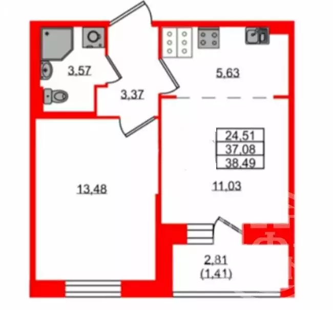 1-комнатная квартира: посёлок Песочный, Школьная улица, 80 (38.49 м) - Фото 1