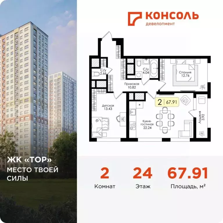2-к кв. Тульская область, Тула Тор жилой комплекс (67.91 м) - Фото 1