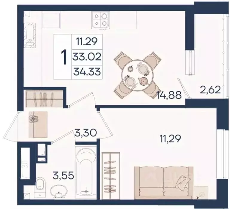 1-к кв. Краснодарский край, Краснодар  (34.33 м) - Фото 1