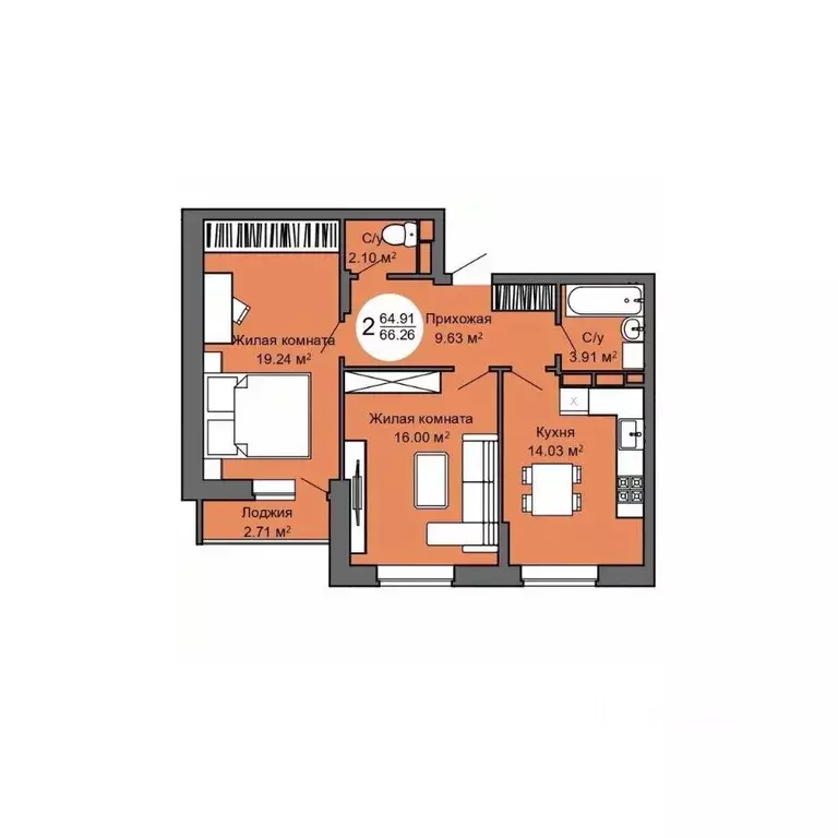 2-к кв. Орловская область, Орел Межквартальная ул., 3 (66.3 м) - Фото 1