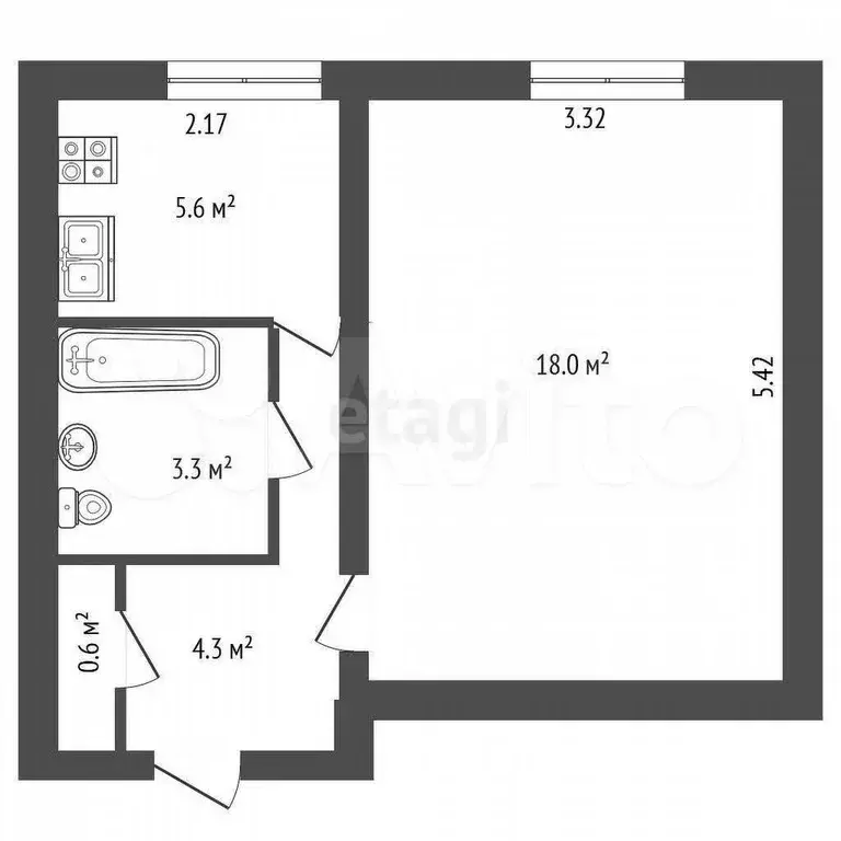 1-к. квартира, 31,8 м, 1/5 эт. - Фото 0