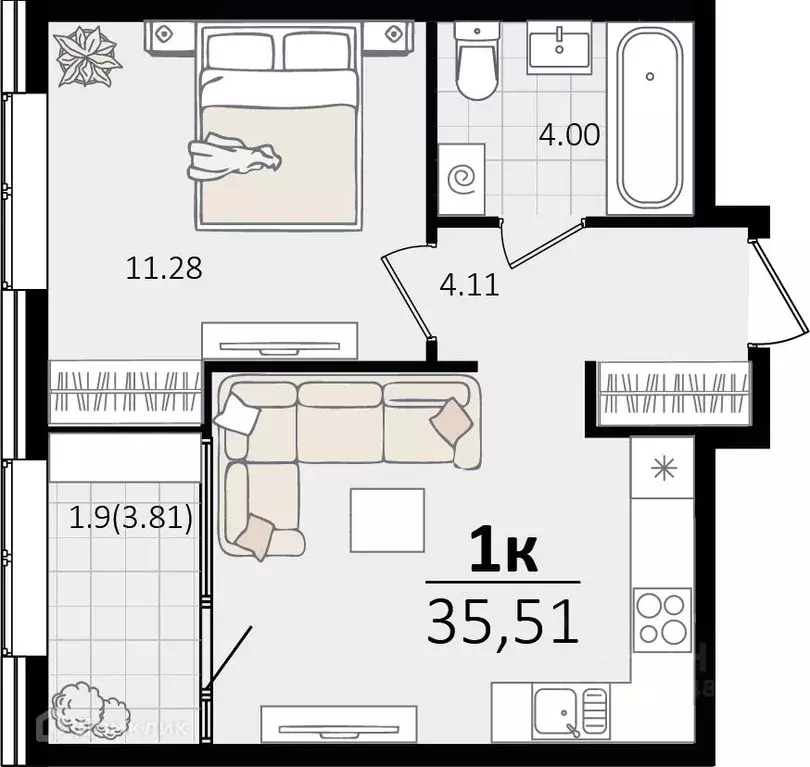 1-к кв. Краснодарский край, Краснодар Сормовская ул., лит4.1 (35.51 м) - Фото 0