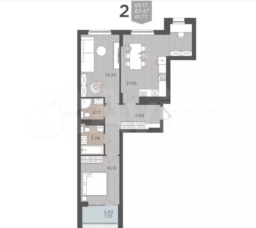 2-к. квартира, 63,5 м, 5/9 эт. - Фото 1