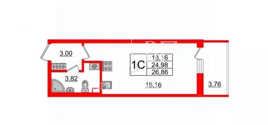 Студия Санкт-Петербург просп. Буденного, 23к1 (26.86 м) - Фото 2
