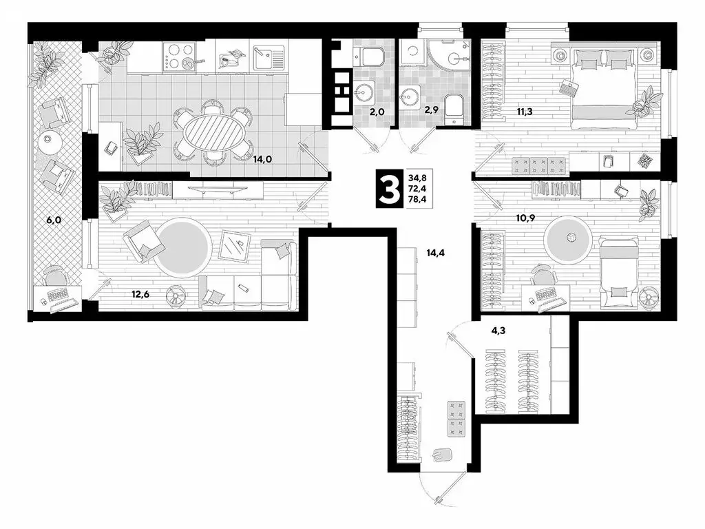 3-комнатная квартира: Краснодар, улица Ивана Беличенко, 103к1 (78.4 м) - Фото 1