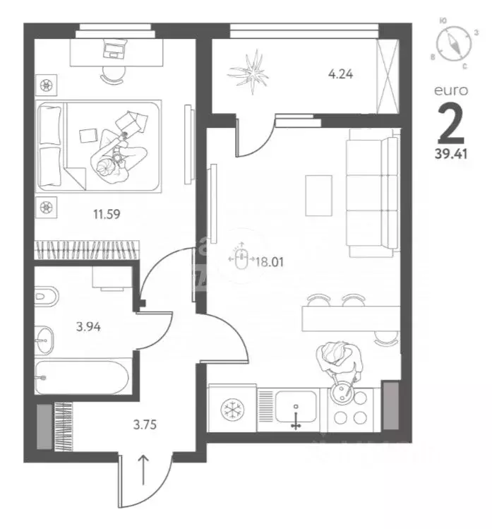 2-к кв. Липецкая область, Липецк ул. Перова, 2Д (39.41 м) - Фото 2