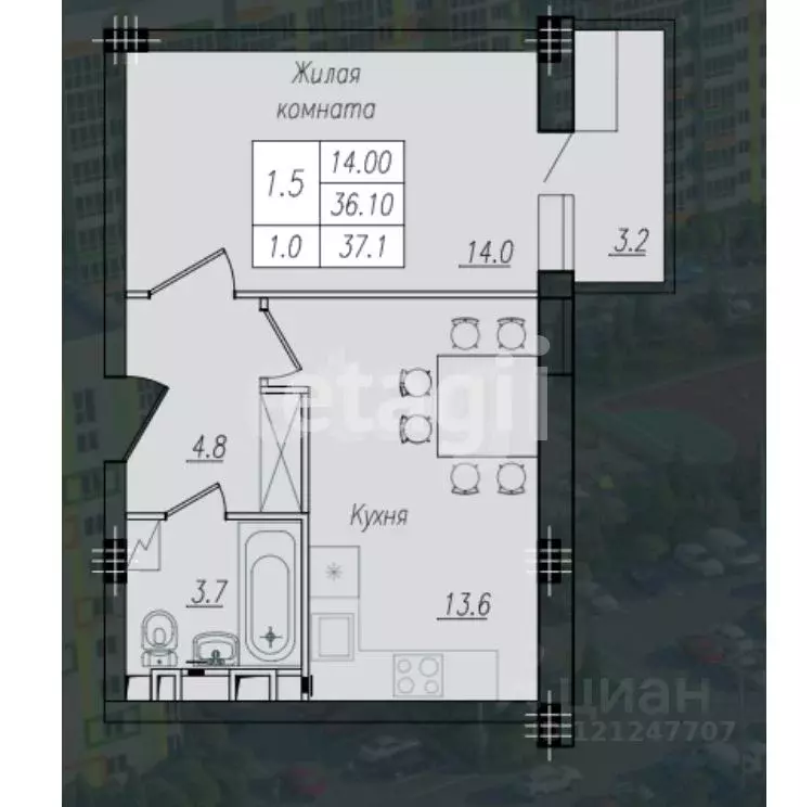 1-к кв. Курская область, Курск ул. Энгельса, 158к1 (37.1 м) - Фото 1