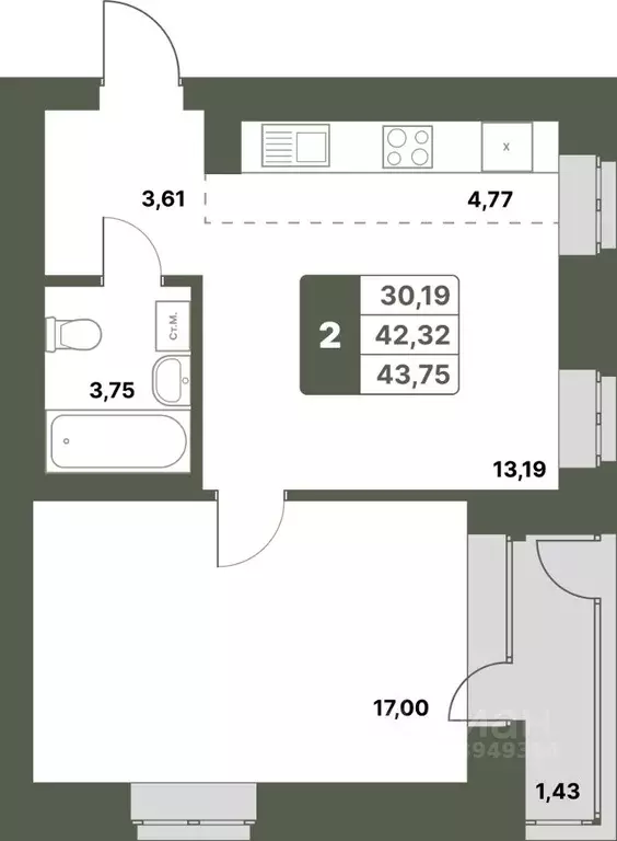2-к кв. Башкортостан, Уфимский район, с. Миловка  (43.75 м) - Фото 1