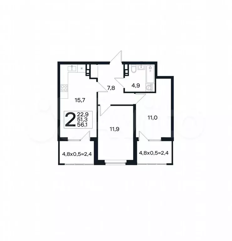 2-к. квартира, 56,1 м, 4/4 эт. - Фото 1