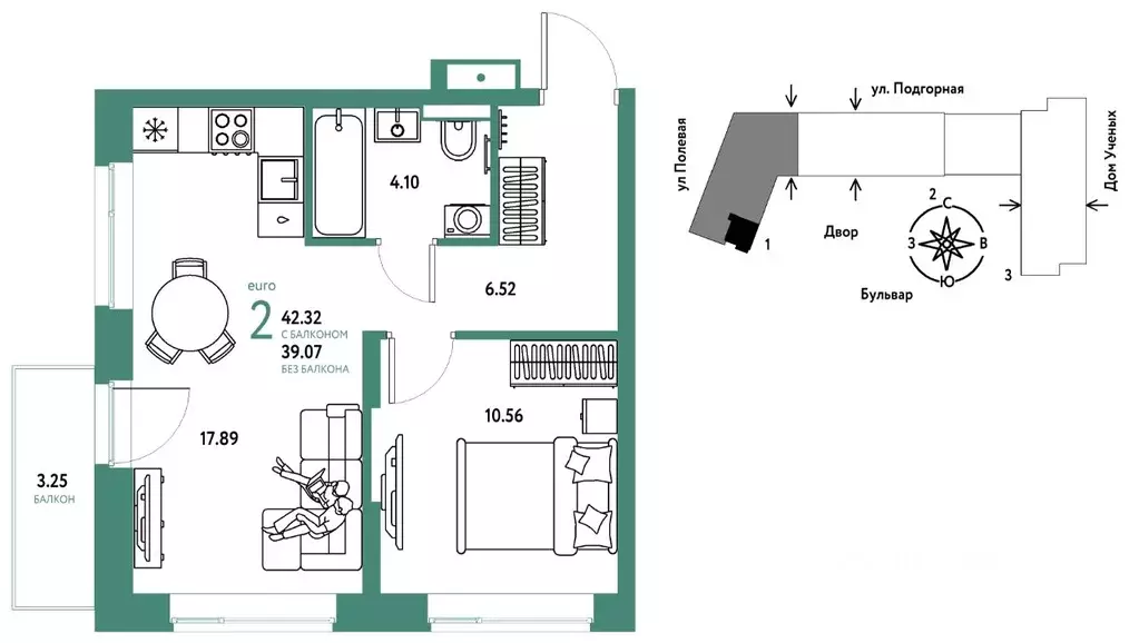 2-к кв. Тюменская область, Тюмень Авторский жилой комплекс (42.32 м) - Фото 1