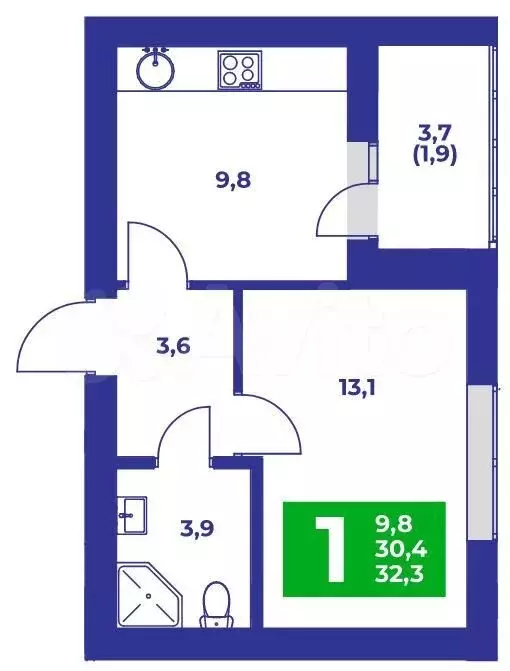 1-к. квартира, 32,3м, 8/9эт. - Фото 0