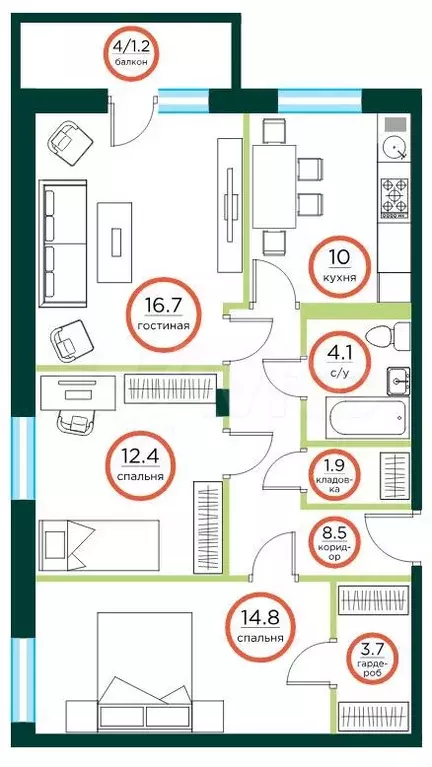 3-к. квартира, 74,7 м, 2/8 эт. - Фото 0