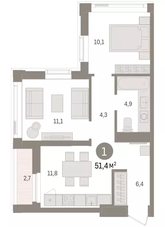 1-комнатная квартира: Тюмень, жилой комплекс Зарека (51.38 м) - Фото 1