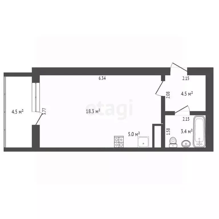 Студия Тюменская область, Тюмень ул. Дмитрия Менделеева, 2 (31.2 м) - Фото 2