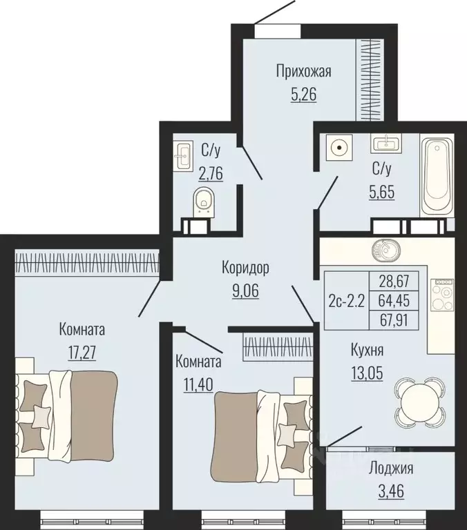 2-к кв. Ставропольский край, Ставрополь № 23 мкр,  (67.91 м) - Фото 1