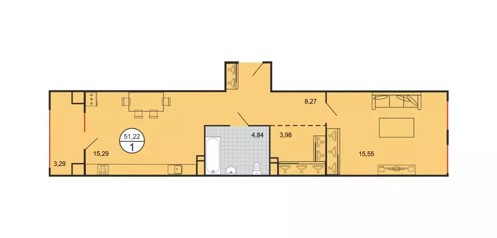 1-к кв. Ставропольский край, Ставрополь № 15 мкр,  (51.22 м) - Фото 1