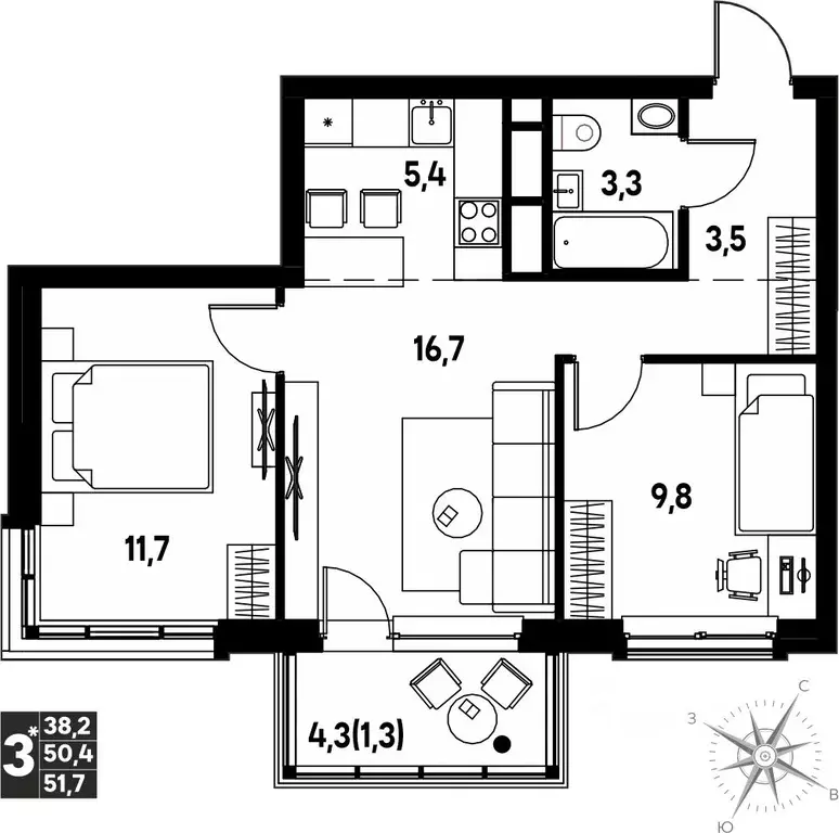 Студия Пермский край, д. Кондратово просп. Дягилева, 3 (51.7 м) - Фото 1