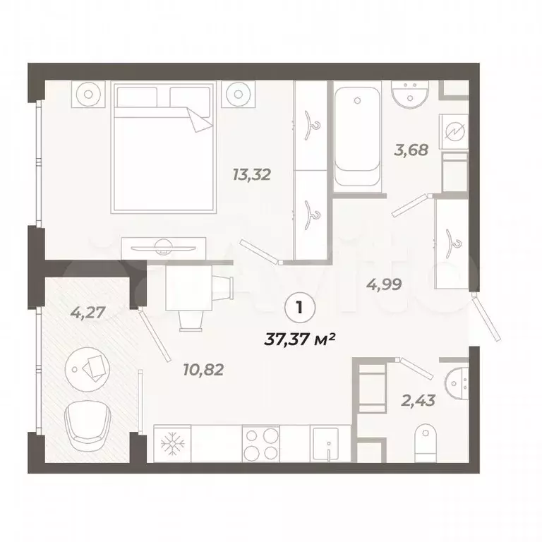 1-к. квартира, 37,4 м, 6/12 эт. - Фото 0