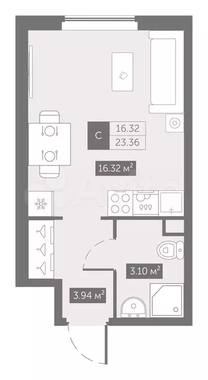 Апартаменты-студия, 23,4 м, 12/14 эт. - Фото 0