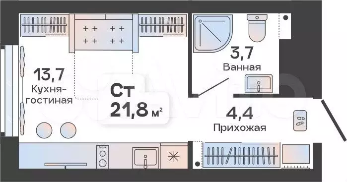 Квартира-студия, 21,8 м, 19/23 эт. - Фото 0