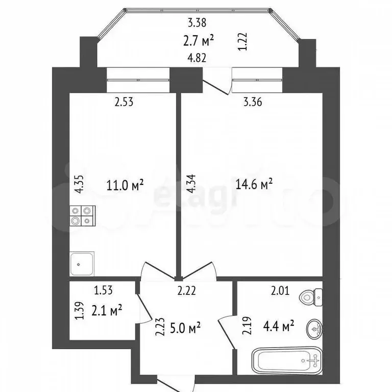 1-к. квартира, 39,8 м, 2/3 эт. - Фото 0