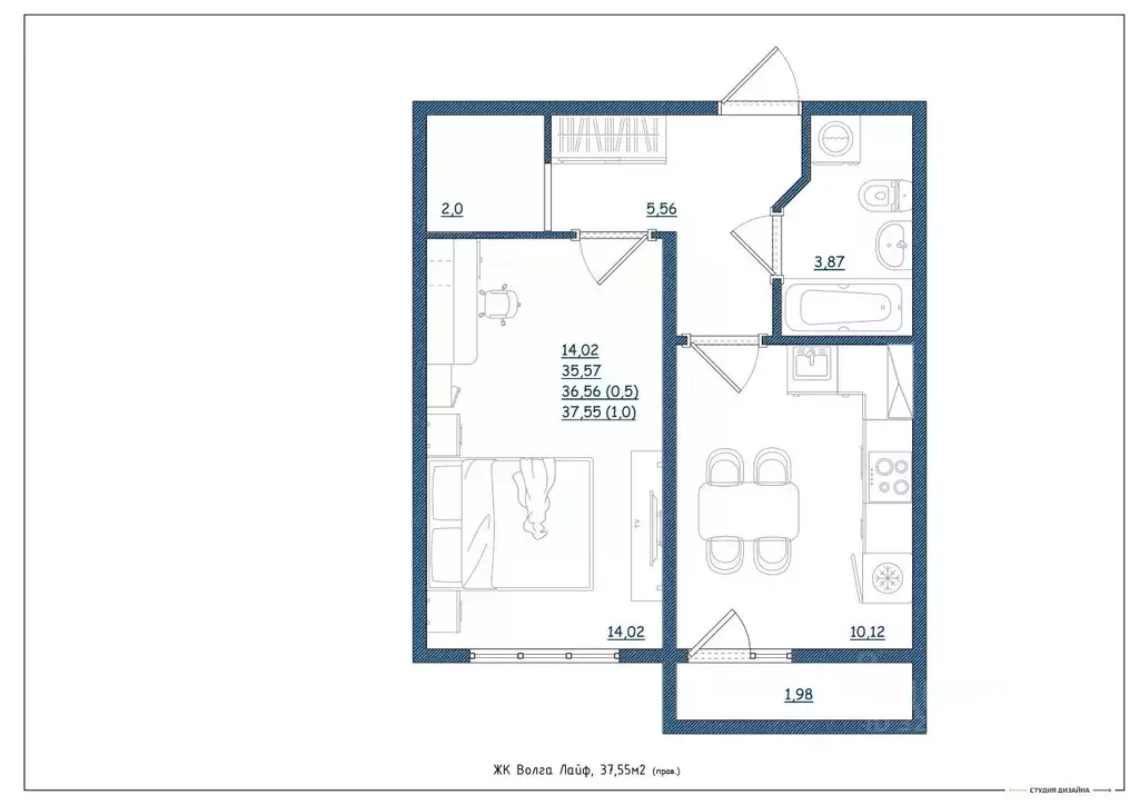 1-к кв. Тверская область, Тверь Новочеркасская ул., 49 (37.55 м) - Фото 2