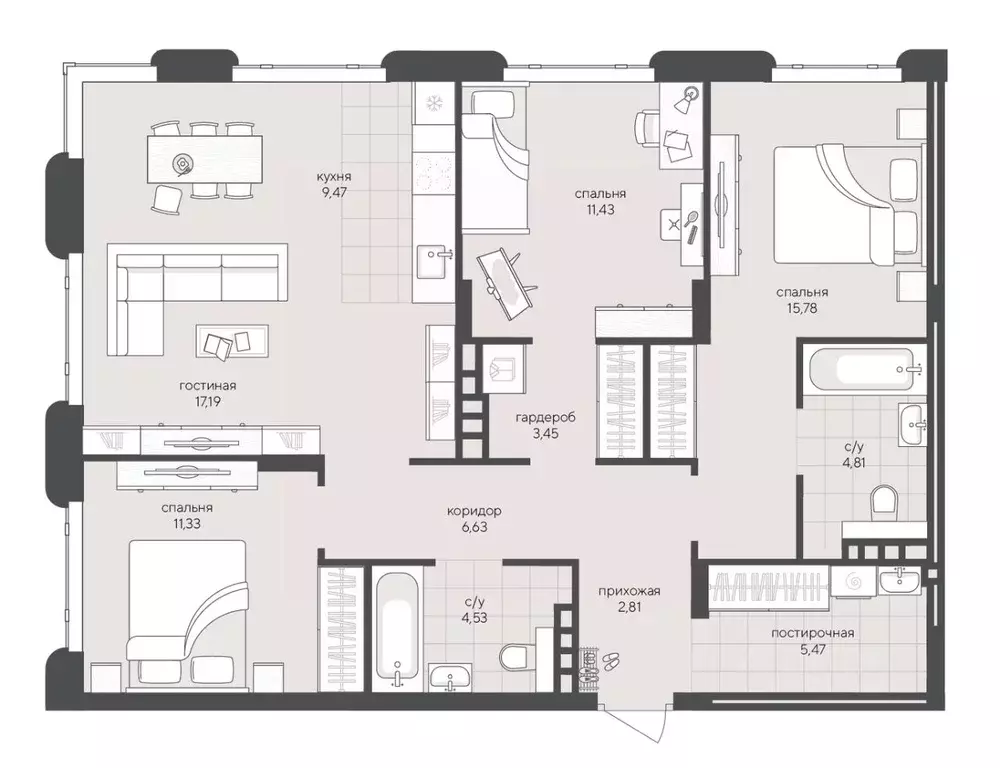 3-к кв. Новосибирская область, Новосибирск Кедровая ул., 79 (92.9 м) - Фото 1