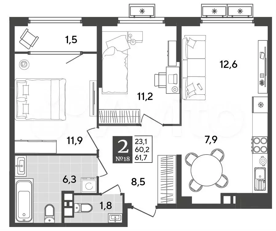 2-к. квартира, 61,7 м, 4/9 эт. - Фото 1