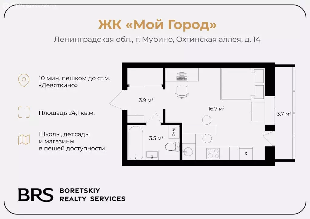 Квартира-студия: Мурино, Охтинская аллея, 14 (24.1 м) - Фото 1