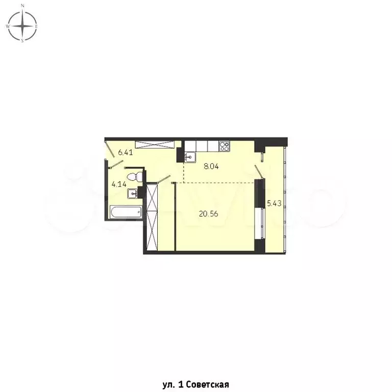 1-к. квартира, 44,6 м, 2/9 эт. - Фото 0