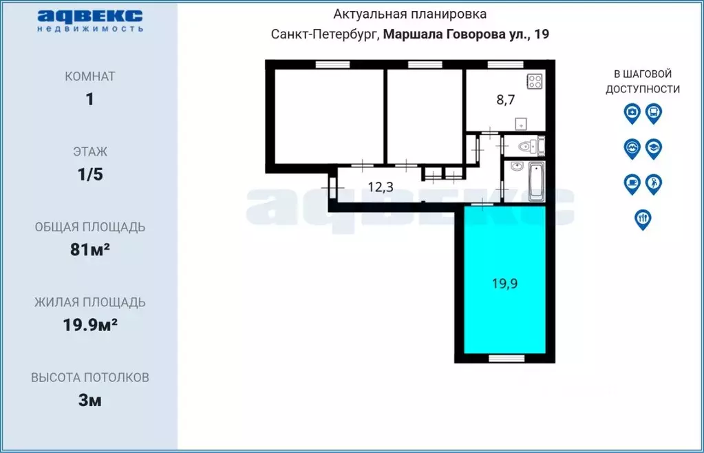 Комната Санкт-Петербург ул. Маршала Говорова, 19 (19.9 м) - Фото 2
