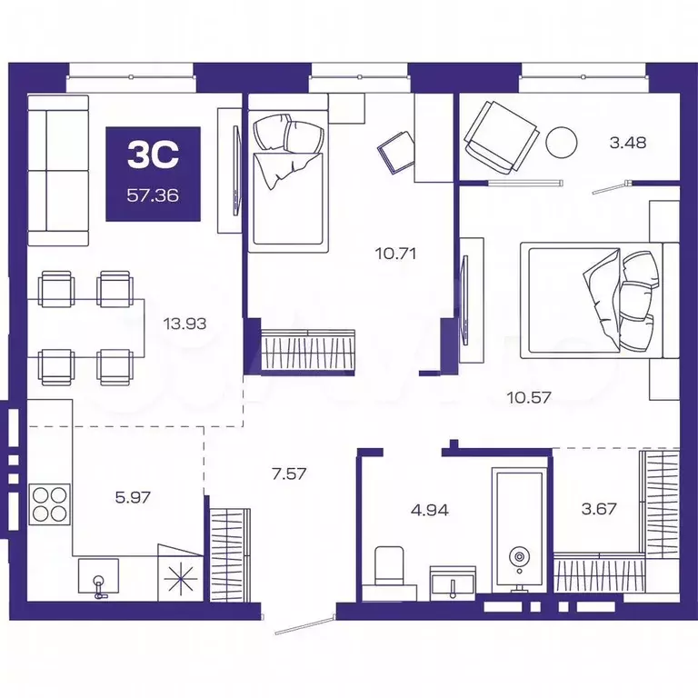 3-к. квартира, 58 м, 8/8 эт. - Фото 0