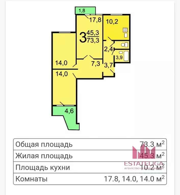 3-к кв. Москва ул. Маршала Тухачевского, 32К2 (73.3 м) - Фото 2