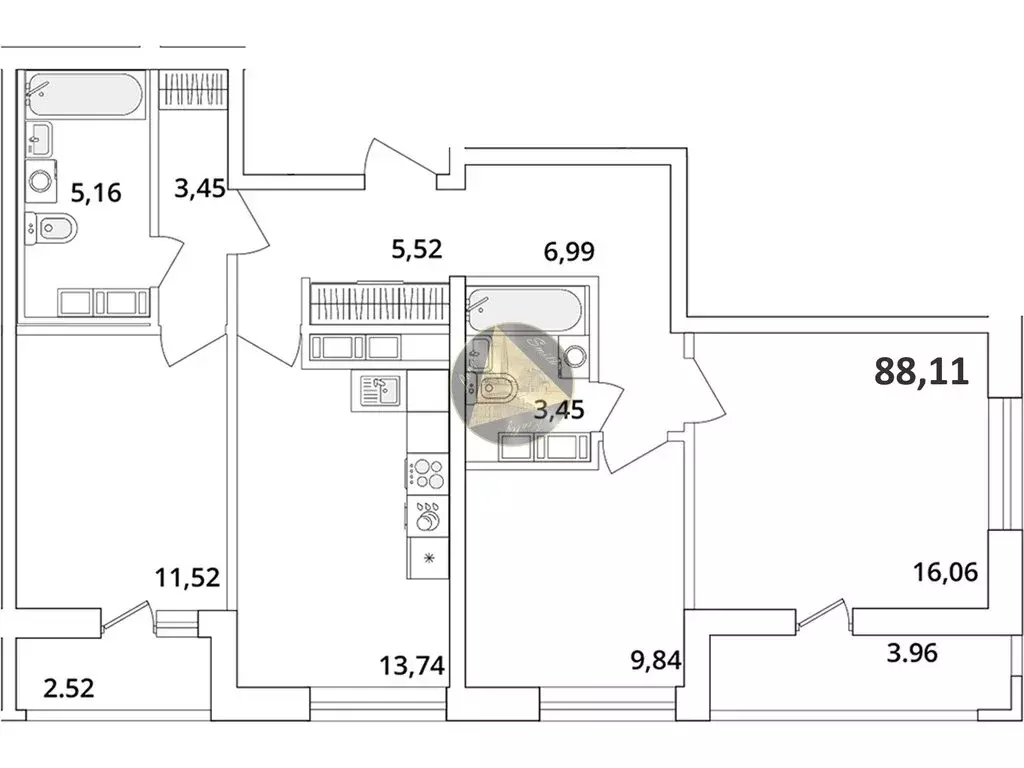 3-комнатная квартира: Санкт-Петербург, Кубинская улица, 82к3с1 (88.11 ... - Фото 1
