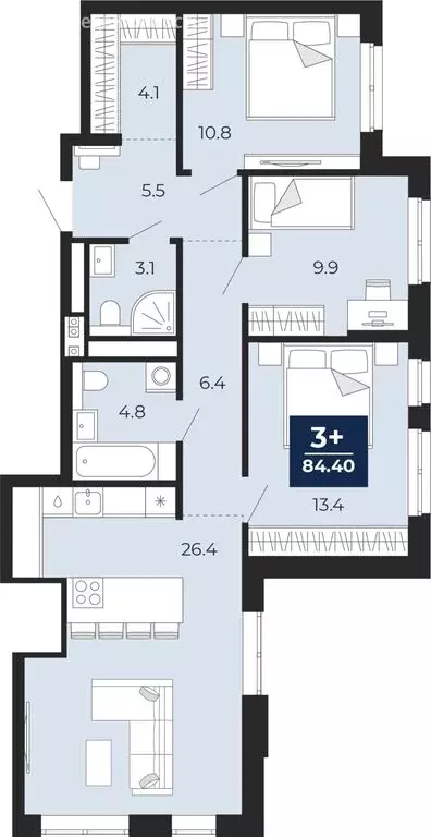 3-комнатная квартира: Тюмень, проезд Капитана Куликова, 5 (84.4 м) - Фото 1