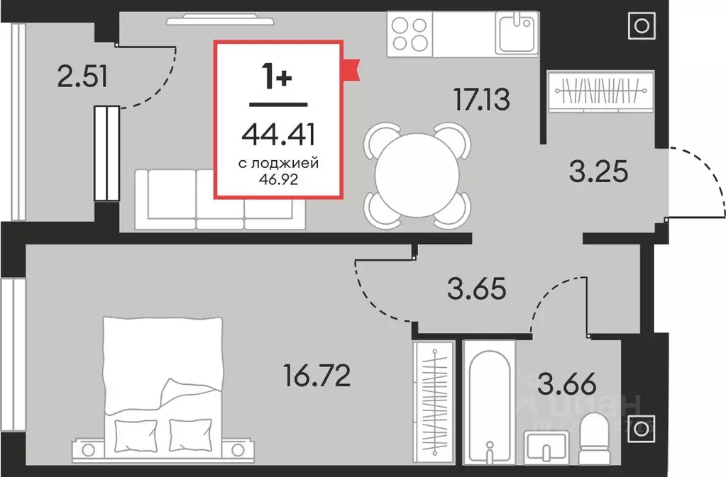 1-к кв. Ханты-Мансийский АО, Нефтеюганск ул. Нефтяников, 48А (44.41 м) - Фото 1
