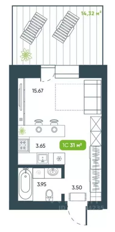 Студия Новосибирская область, Кольцово рп, Ботаника мкр 6/1 (27.0 м) - Фото 2