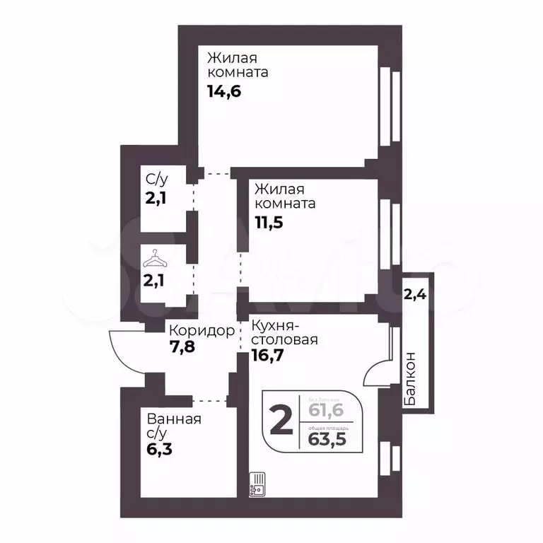 2-к. квартира, 61,1 м, 6/9 эт. - Фото 0