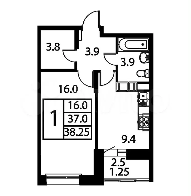 1-к. квартира, 38,3 м, 1/11 эт. - Фото 0