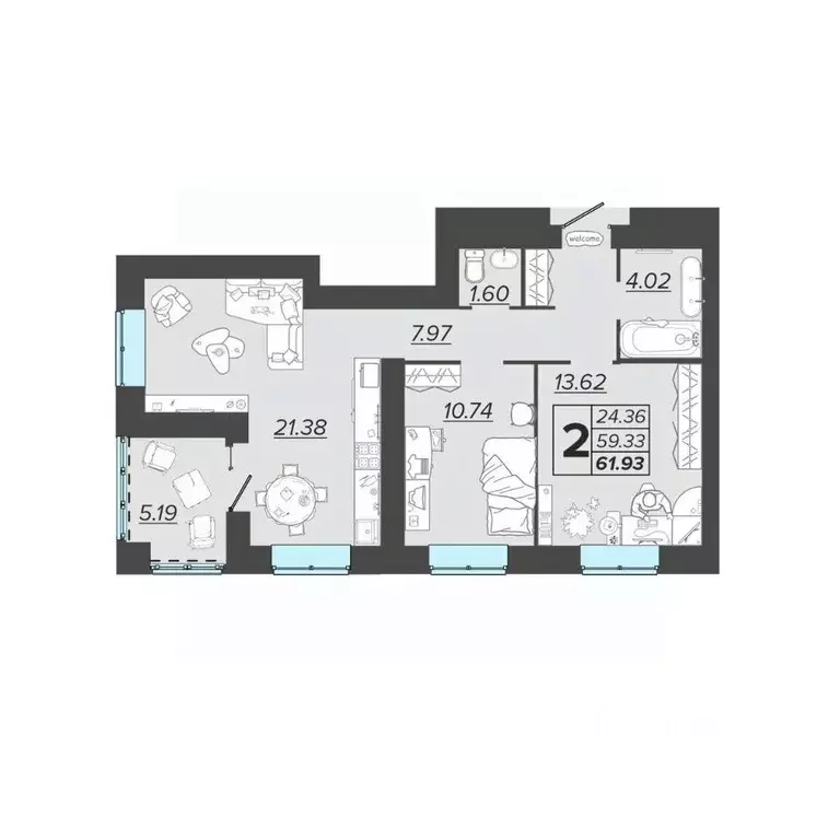 2-к кв. Брянская область, Брянск Архитектор жилой комплекс (61.93 м) - Фото 1