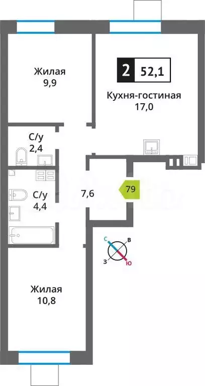 2-к. квартира, 52,1 м, 4/9 эт. - Фото 0
