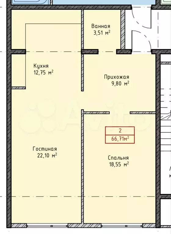 1-к. квартира, 66,7 м, 4/8 эт. - Фото 0