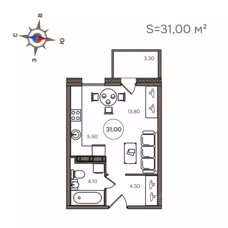 1-к кв. Карелия, Петрозаводск Мичуринская ул., 34 (31.0 м) - Фото 0
