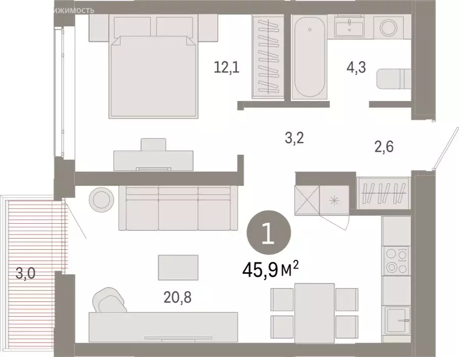 1-комнатная квартира: Тюмень, Ленинский округ (45.89 м) - Фото 1