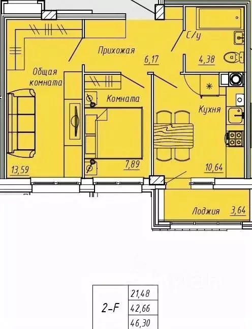 2-к кв. Ивановская область, Иваново Апрельская ул., 95 (46.3 м) - Фото 0