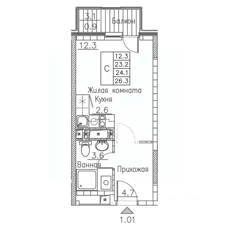 1-к кв. Приморский край, Владивосток ул. Расула Гамзатова, 7к1 (26.3 ... - Фото 1