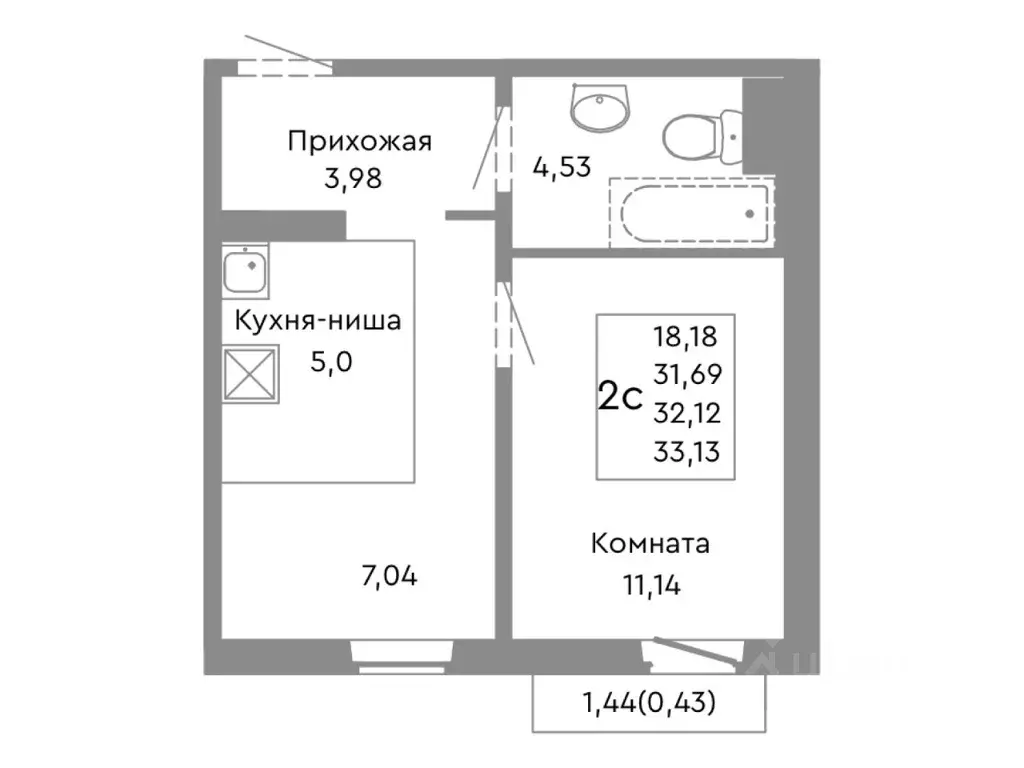 2-к кв. Челябинская область, Челябинск ул. Танкистов, 175 (32.12 м) - Фото 1
