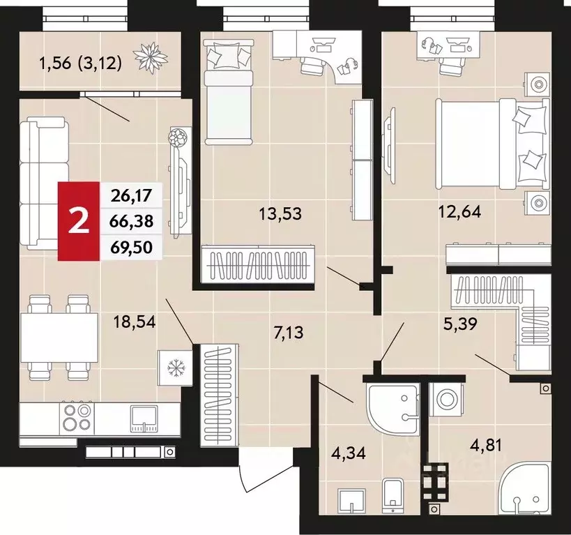 2-к кв. Свердловская область, Верхняя Пышма  (69.5 м) - Фото 1